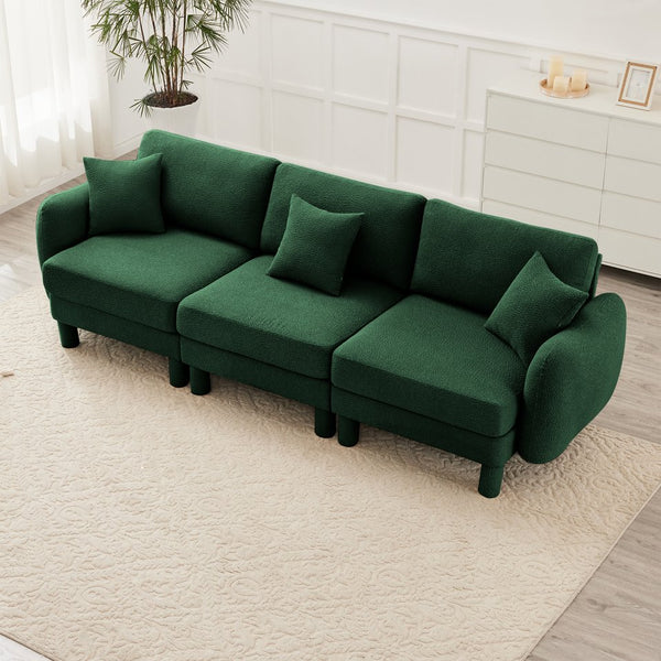 English Elm Boucle 3-Seater Plush Sofa With Elegant Shell Armrests And Wrapped Cylindrical Legs In Green W3041S00308
