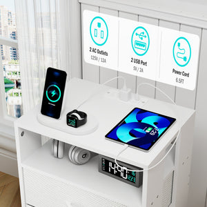 English Elm 2 Pack Modern Nightstand With Charging Station & Led Light - Stylish Fabric Drawers For Storage W1550P272169