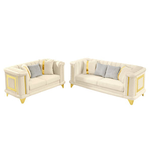 English Elm 2pcs Italian Velvet Tufted Sofa Set with Gold Steel Trim Victorian Glam Living Room W1191S00111
