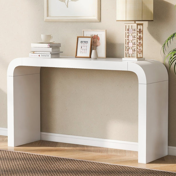 English Elm U_style Acacia Veneer Minimalist Console Table Slim Two Leg Frame for Entryway Halls White N711P213374K