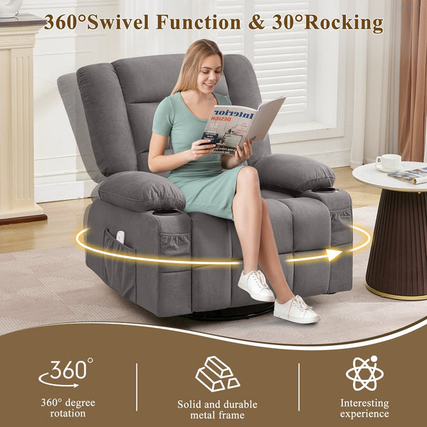 English Elm Kneading Massage Rocker Recliner with 4‑Point 3D Kneading, Heat, USB Port, Cup Holders & Swivel Comfort Grey W1521P390945