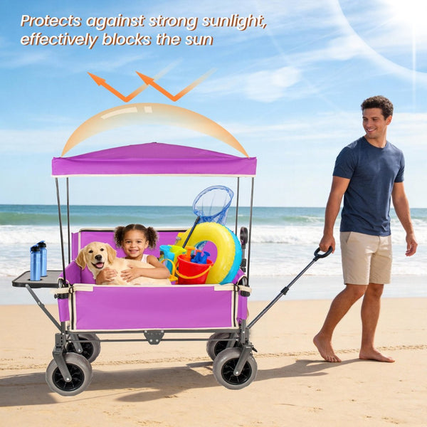 English Elm 3-in-1 Collapsible Wagon with Canopy Bench Tabletop and All-terrain Wheels for Camping Purple W2932P417653