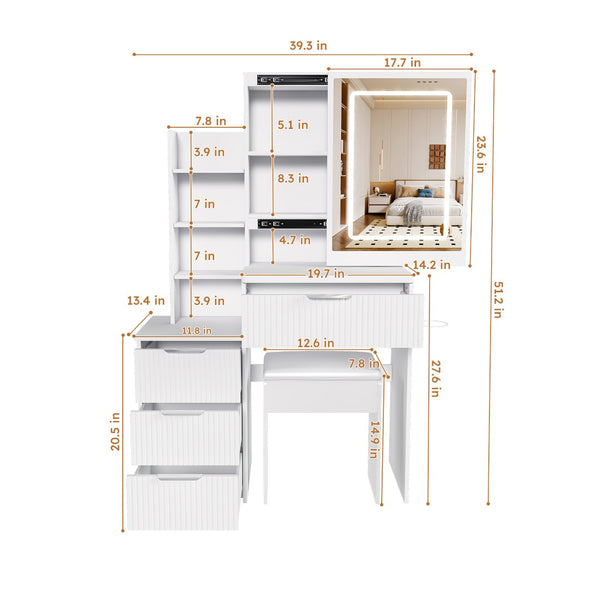 English Elm Modern Makeup Vanity Desk with Led Lighting Four Drawers Mirror and Built-in Power Outlet White W509P465830