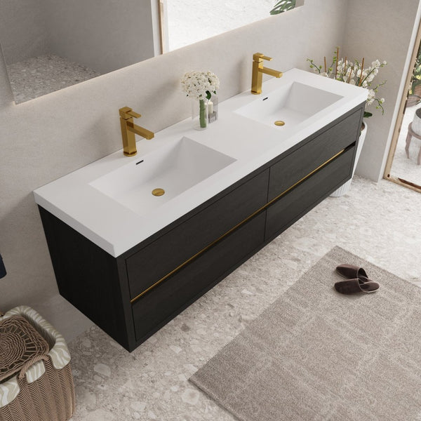 English Elm 72'' Floating Double Vanity Smoked Walnut Fluted Mdf Cabinet with Quartz Basins Espresso+White W1920P385585