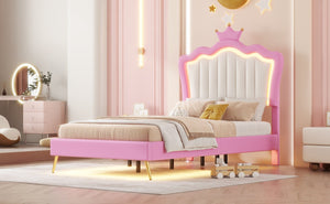 English Elm Twin Size Upholstered Bed Frame With Crown Headboard & Led Lights - Modern Pink & White Princess Style W2770P190377-GIGA