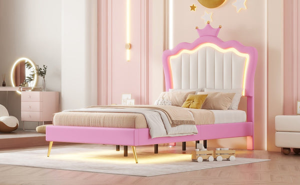 English Elm Twin Size Upholstered Bed Frame With Crown Headboard & Led Lights - Modern Pink & White Princess Style W2770P190377-GIGA