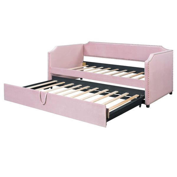 English Elm Twin Velvet Upholstered Daybed with Pop up Trundle for Guest or Kids Rooms Pink SF000197AAH