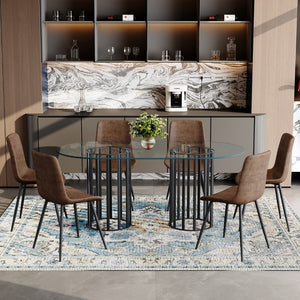 English Elm Table Set Oval Tempered Glass Top with Six Brown Fabric Chairs for Modern Dining W1151S04752