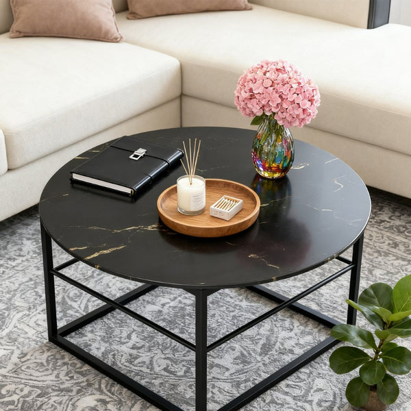 English Elm 32"inch Round Tempered Glass Tabletop Marble Print Indoor Outdoor Dining Patio Replace Black W241P361474