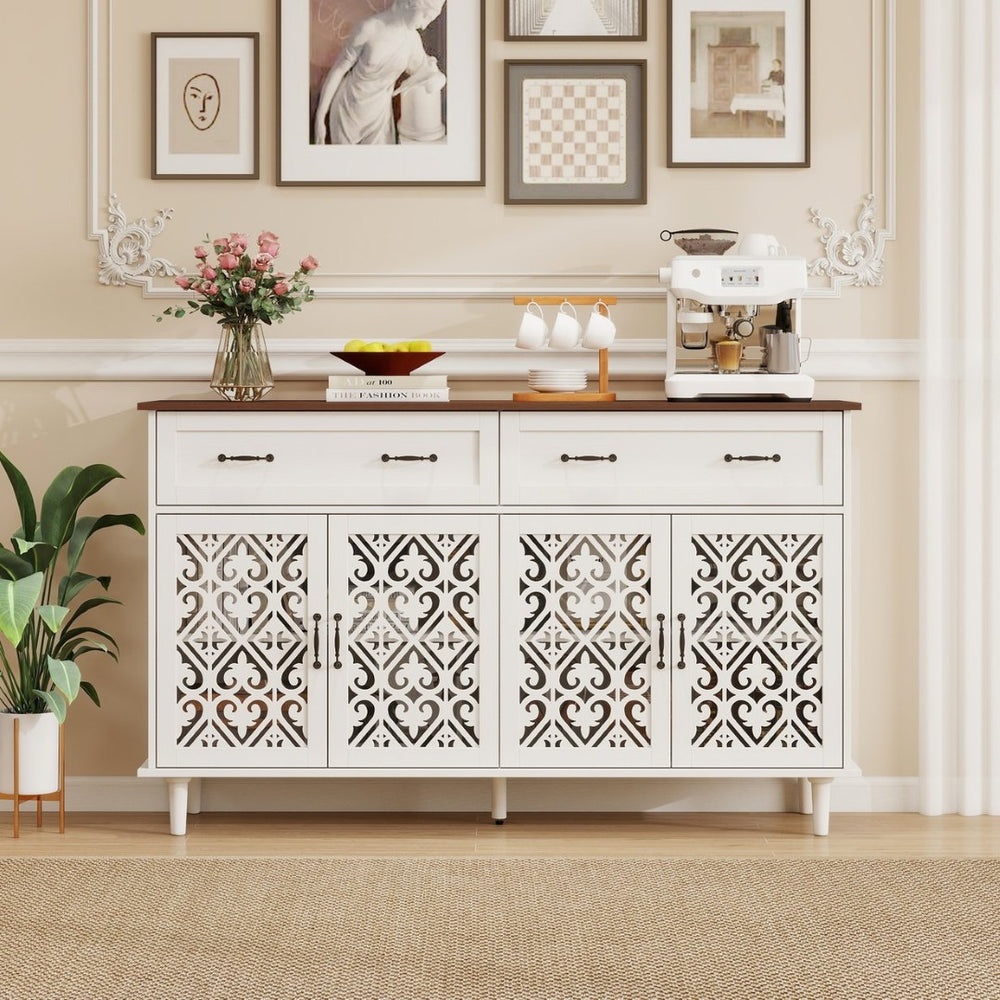 English Elm Vintage Farmhouse Sideboard with Hand-carved Doors Two-tone Distressed Wood Finish W688P360028