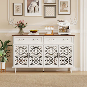 English Elm Vintage Farmhouse Sideboard with Hand-carved Doors Two-tone Distressed Wood Finish W688P360028