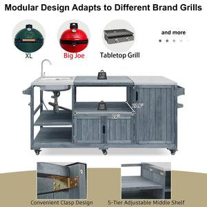 English Elm K&k Solid Fir Outdoor Kitchen Island with Sink Stainless Steel Top and Grill Cutout Grey+Blue N707S000022G