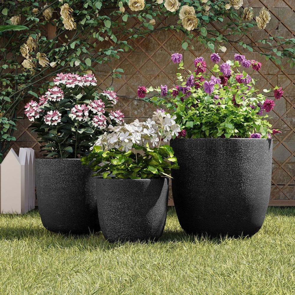 English Elm U_style Mgo Round Planters Set of Three Crackle Stone Texture Patio Garden Pots N711P406670B