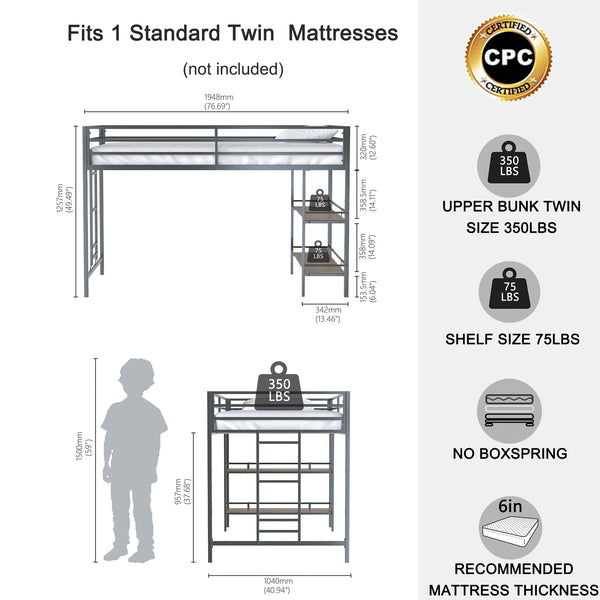 English Elm Adam Junior Twin Loft Bed In Black With Cinnamon Wood Shelf – Safe, Space-Saving Design For Kids! B083P154188
