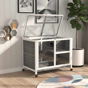English Elm PawHut Compact Indoor Rabbit Hutch with Wheels and Plexiglass Window, Waterproof, Easy-Clean Tray Grey W2225P200851