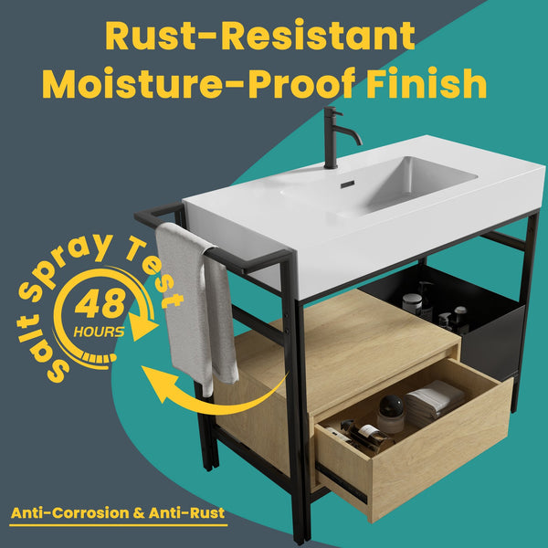 English Elm FORTE 36" Industrial Modular Bathroom Vanity with Durable Metal Frame, Quartz Basin, Soft-Close Drawer Oak,White W1865S00177