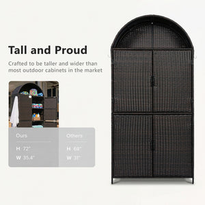 English Elm K&k Tall Arched Pe Rattan Outdoor Storage Cabinet with Adjustable Shelves and Steel Frame Brown+Black N707P420158D