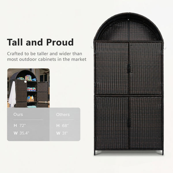 English Elm K&k Tall Arched Pe Rattan Outdoor Storage Cabinet with Adjustable Shelves and Steel Frame Brown+Black N707P420158D