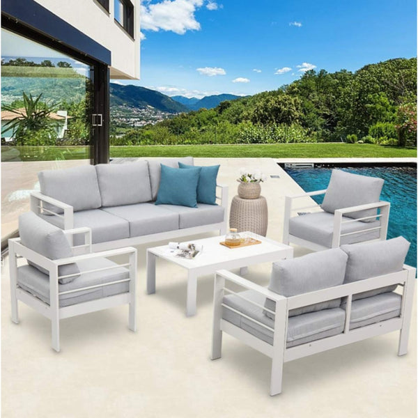 English Elm 5-piece Outdoor Aluminum Conversation Set Resort Style Patio Sofa with Wpc Coffee Table B082S00083