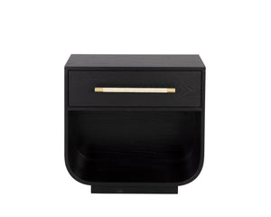 Sunpan Tarrant Nightstand – Elegant Black Oak with Raffia Handles and Modern Curves for Stylish Storage Solutions