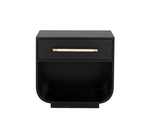 Sunpan Tarrant Nightstand – Elegant Black Oak with Raffia Handles and Modern Curves for Stylish Storage Solutions