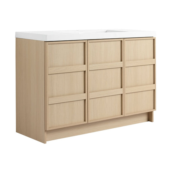 English Elm 48" Floating Bathroom Vanity Dual Ceramic Vessel Sinks Oak Finish Soft Close Doors W999S00511