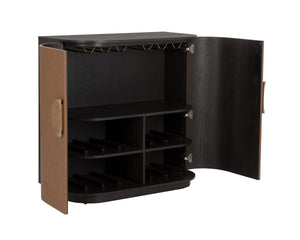 Sunpan Dresden Bar Cabinet - Mid-Century Elegance with Smoke Grey Oak, Faux Leather Doors & Wine Storage