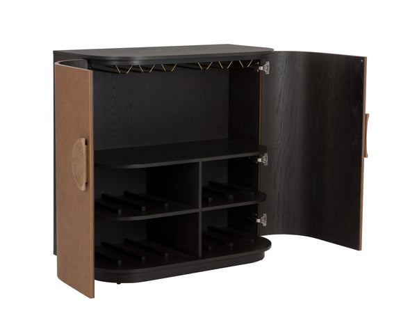 Sunpan Dresden Bar Cabinet - Mid-Century Elegance with Smoke Grey Oak, Faux Leather Doors & Wine Storage