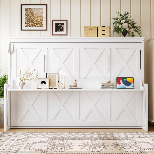 English Elm Full Murphy Bed with Fold Down Desk Led Lighting and Usb Port for Studio Spaces White W1580S00454