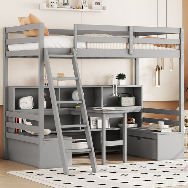 English Elm Twin Low Loft Bed with Pull Out Desk Drawers Cabinet and Shelves for Kids Grey W697S00035