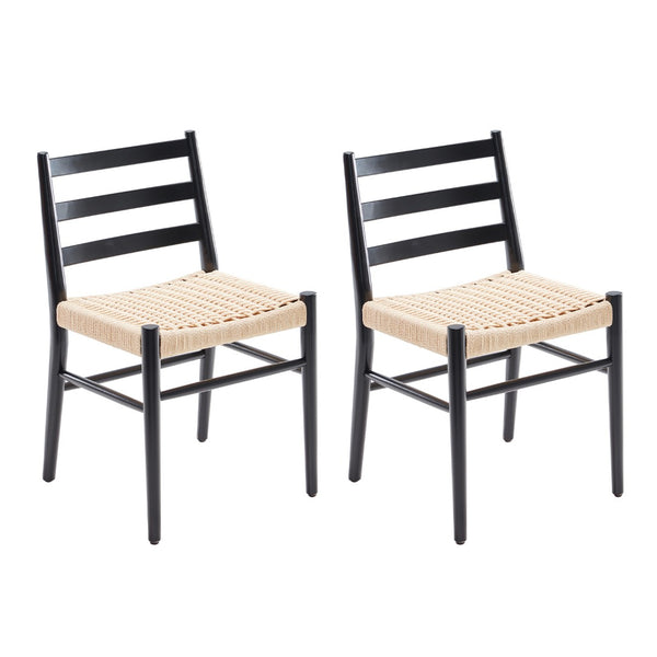 English Elm Dining Chairs with Handwoven Rope Seats and Iron Frame Mid Century Modern Set of 2 Beige,Black T3623P431448