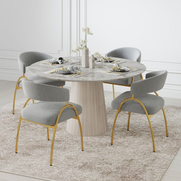English Elm Dining Chair Set with Curved Back Gold Metal Frame Upholstered Fabric Seat Pair Light Grey W1567P343601