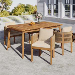 English Elm Christopher Knight Home® - Outdoor Dining Set with Acacia Wood Frames, 63" Slatted Table & 4 Chairs with Waterproof Washable Cushions Beige,Brown,Teak N779P269291N_N779P279983B-2