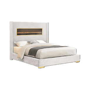 English Elm Contemporary Upholstered Platform Bed with Fireplace Simulator and Bluetooth Audio White B2741P439944