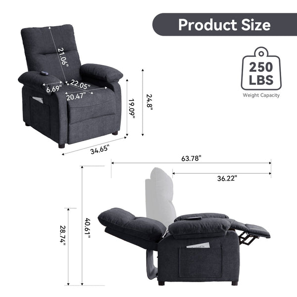 English Elm 019-160°recliner Plush Chenille Push Back Chair with Massage Heating for Seniors Black W2636P286683