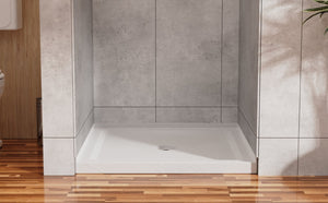 English Elm Goodyo Corner Shower Pan Acrylic Slate Textured Anti-slip Base with Center Drain D163121899