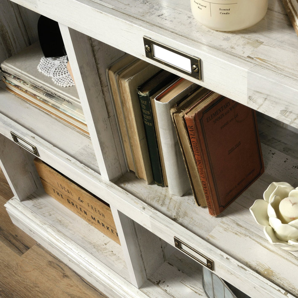 English Elm Tall Bookcase with Labelled Cubby Slots, White Engineered Wood, Dual-Sided Back, Sturdy 35.6"x13.5"x75" Storage Elegance B356P402640