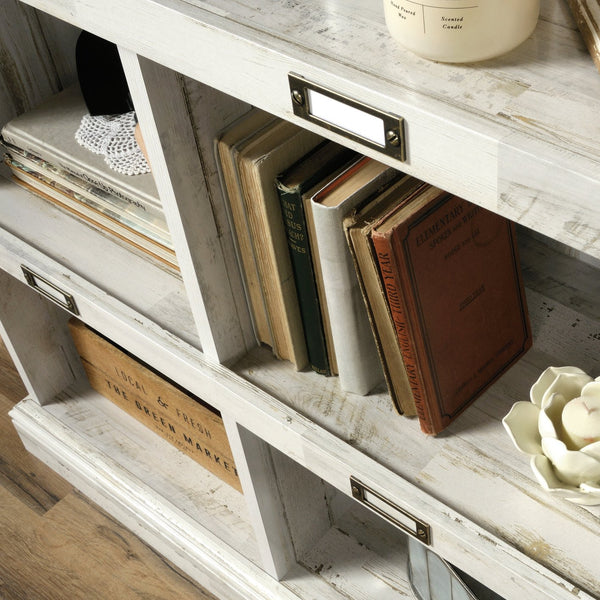 English Elm Tall Bookcase with Labelled Cubby Slots, White Engineered Wood, Dual-Sided Back, Sturdy 35.6"x13.5"x75" Storage Elegance B356P402640