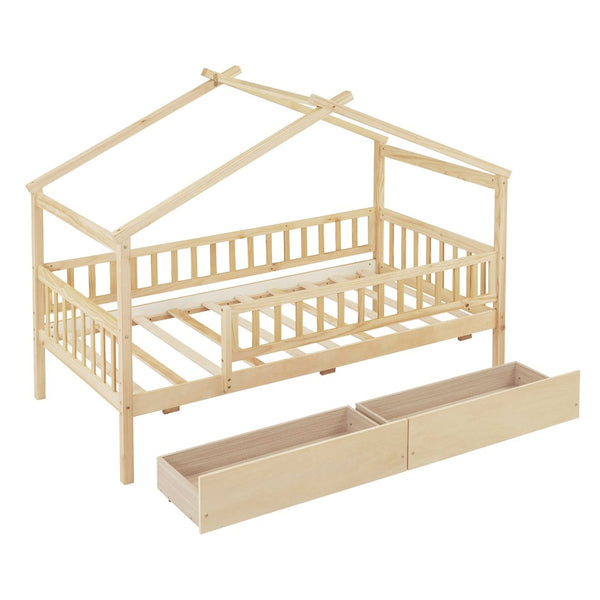 English Elm Twin House Bed Pine Wood Frame with Storage Drawers Kids Bedroom Playful Design Natural WF302181AAN