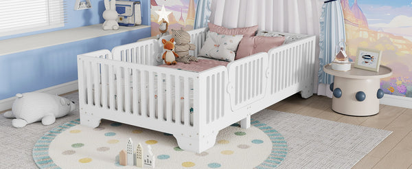 English Elm Twin Montessori Floor Bed with Safety Rails Hinged Door and Plywood Slats for Kids White W2593P381112