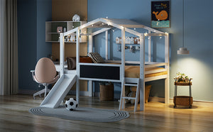English Elm Twin House Loft Bed with Slide Chalkboard Panel and Led Roofline for Kids White WF324323AAK