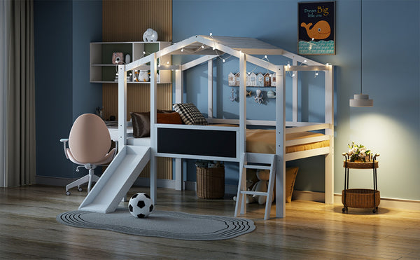 English Elm Twin House Loft Bed with Slide Chalkboard Panel and Led Roofline for Kids White WF324323AAK