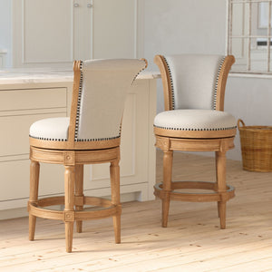 English Elm 26in. Wood High-back Swivel Barstool Farmhouse Style Nailhead Upholstered Kitchen Seat Oak B2751P436434