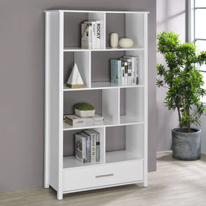 English Elm Dylan White High Gloss 4-Shelf Bookshelf with Curved Glass Top, Bottom Drawer & Sleek Modern Storage cabinetry B062P344933