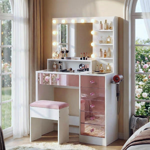 English Elm Vanity Desk with Hollywood Bulbs Glass Top Pink Glam Drawers and Cushioned Stool N704P340246K