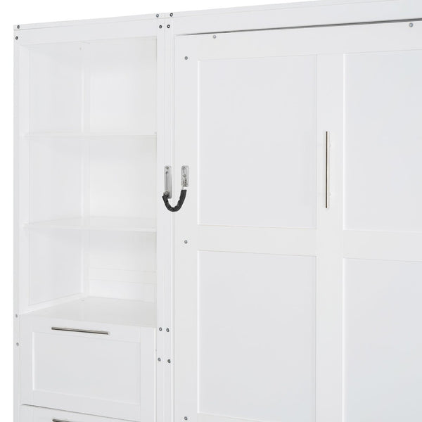 English Elm Queen Murphy Wall Bed with Wardrobe Drawers and Shelves for Studio or Guest Room White LP000865AAK-1