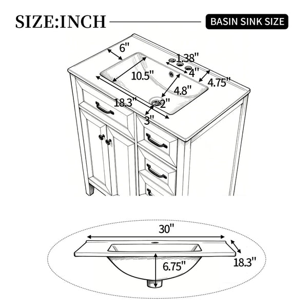 English Elm [video] 30 Inch Freestanding Bathroom Vanity White Mdf Pine Legs Ceramic Sink Soft Close N759P394442K