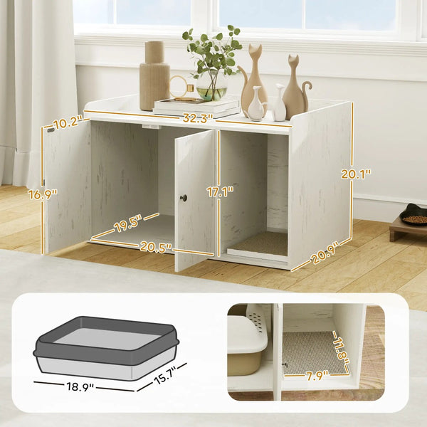 English Elm 32" Distressed White Mdf Cat Litter Hideaway Cabinet with Scratching Mat for Living Rooms T3971P404505