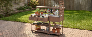 English Elm Topmax Modular Fir Wood Outdoor Kitchen Cart Stainless Steel Prep Station Brown N717P417963D