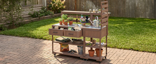 English Elm Topmax Modular Fir Wood Outdoor Kitchen Cart Stainless Steel Prep Station Brown N717P417963D